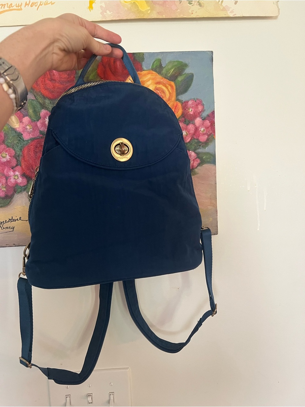 Baggallini Navy Convertible Backpack with Gold Turn-Lock - Picture 3 of 11